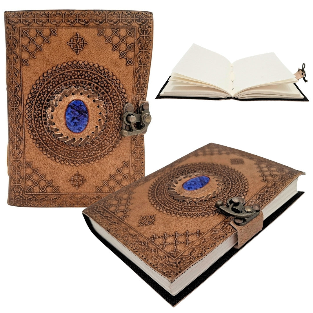 Cuaderno de Piel Retro con Piedra - Cuaderno Personalizado con Grabado - Piel de Búfalo, Marrón, 18x13 cm