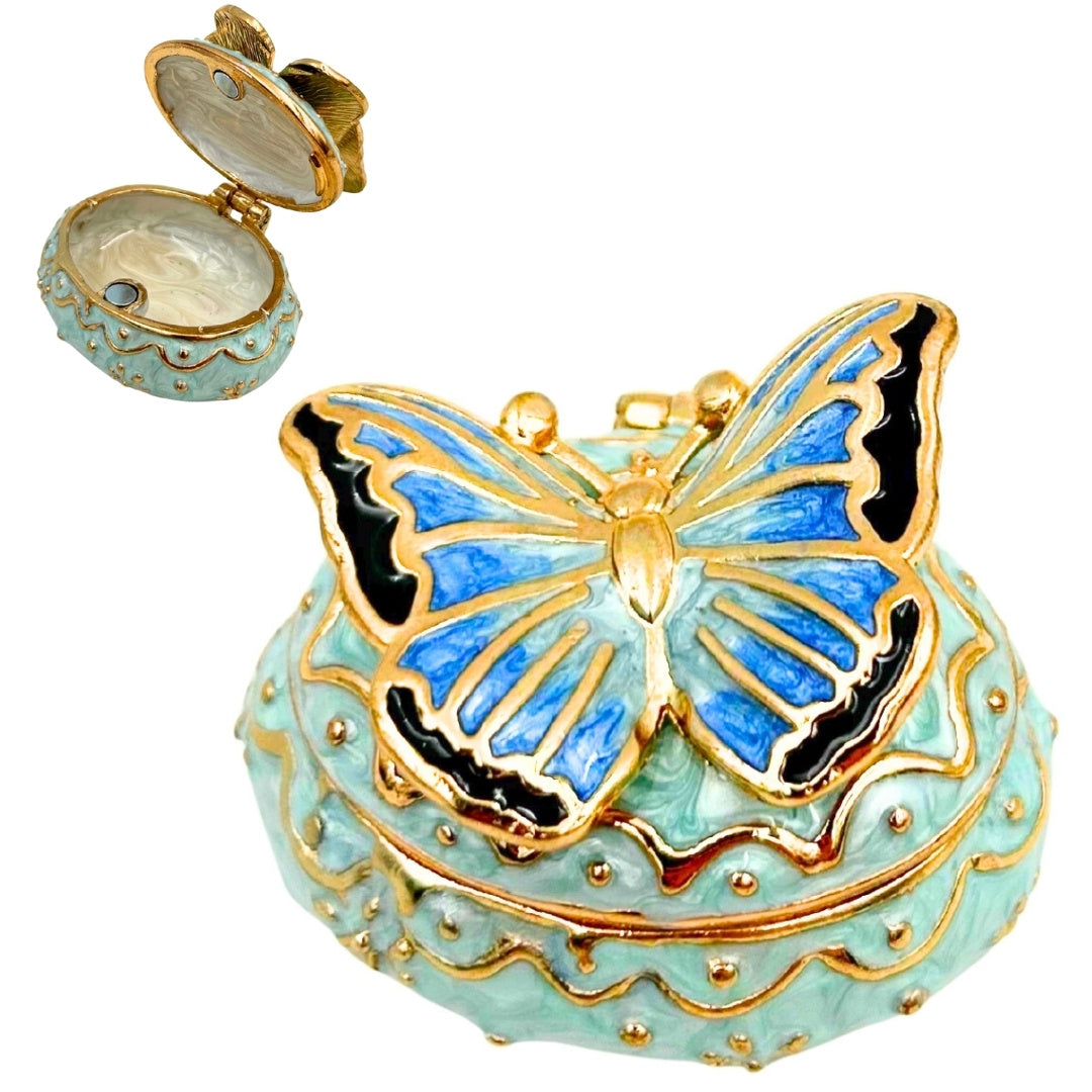 Exclusiva caja joyero mariposa con cristales, personalizada con grabado, blanco y dorado, altura 3,5 cm