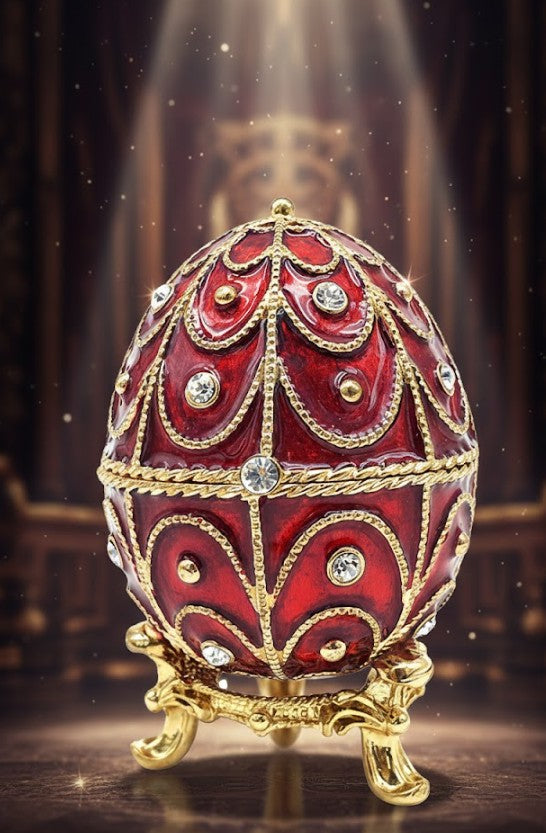 Exclusiva caja metálica Fabergé con cristales en color rojo y dorado, posibilidad de personalización con grabado, ideal para regalo, dimensiones 5,5x6,5 cm