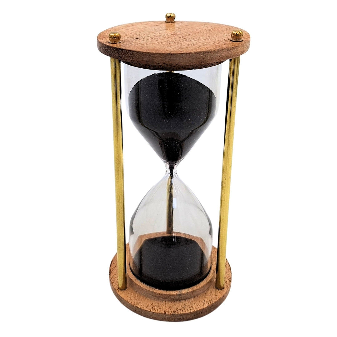 Reloj de arena de latón y madera de 5 minutos con grabado personalizado – elegante decoración retro para regalo – altura 15,5 cm, arena negra, latón y madera