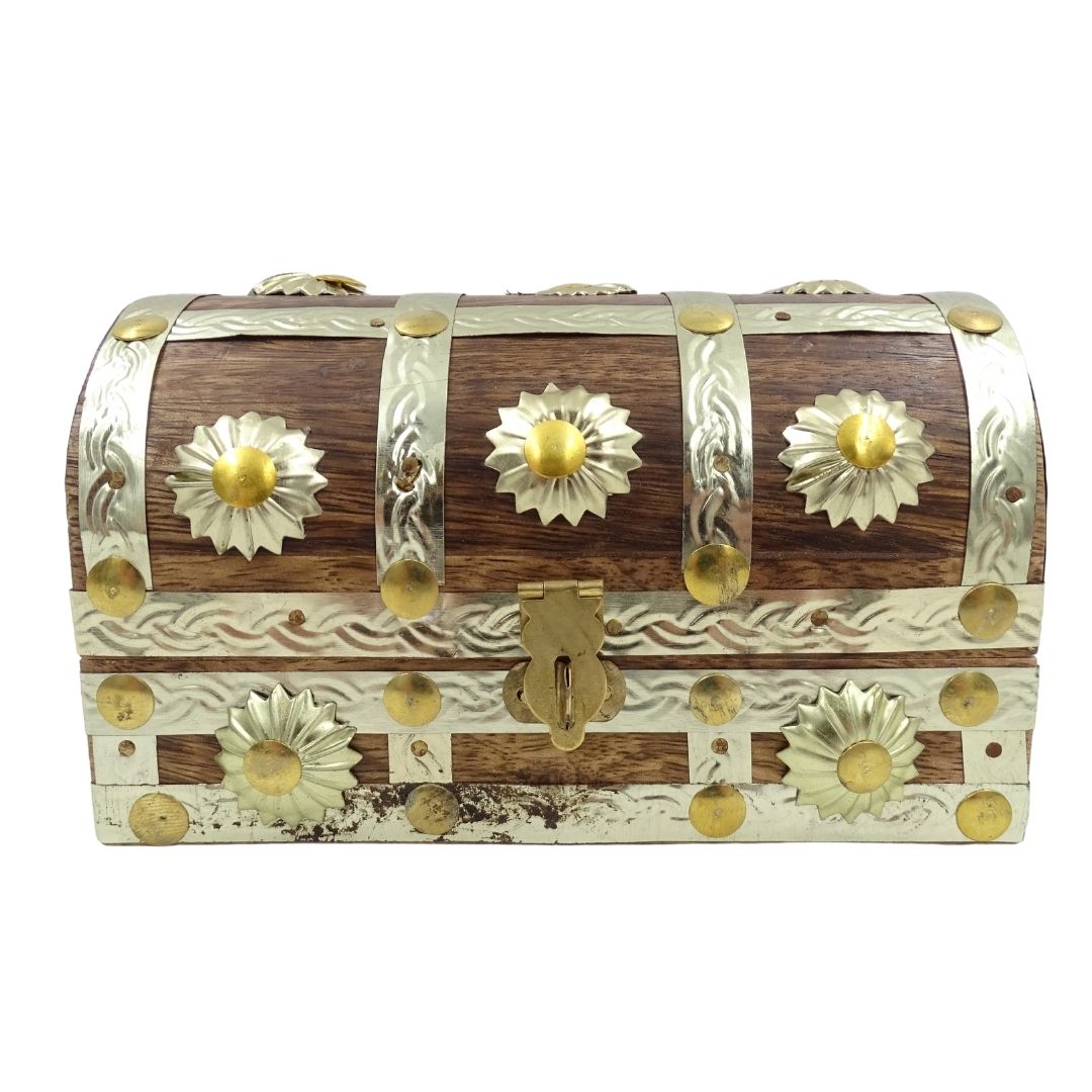 Caja de madera para objetos varios SE14 con posibilidad de personalización de grabado, marrón y dorada, ideal para regalo – 16x9,5x10 cm