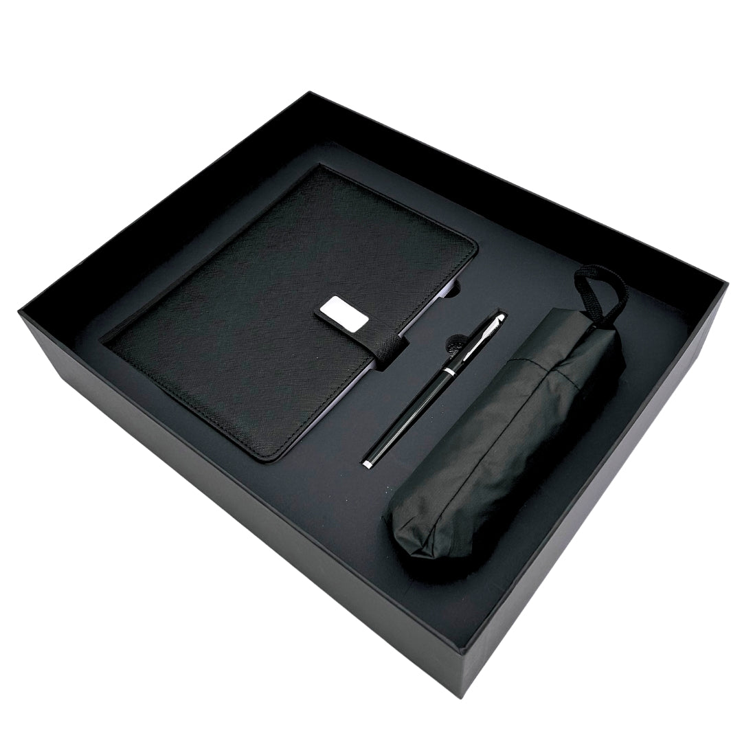 Set de Regalo Elegante con Personalización - Cuaderno de Piel A5, Bolígrafo y Paraguas Negro en Caja de Regalo
