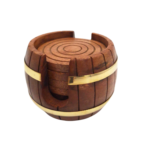 Posavasos de madera con grabado - Juego Barril con 6 posavasos y recipiente con adornos de latón