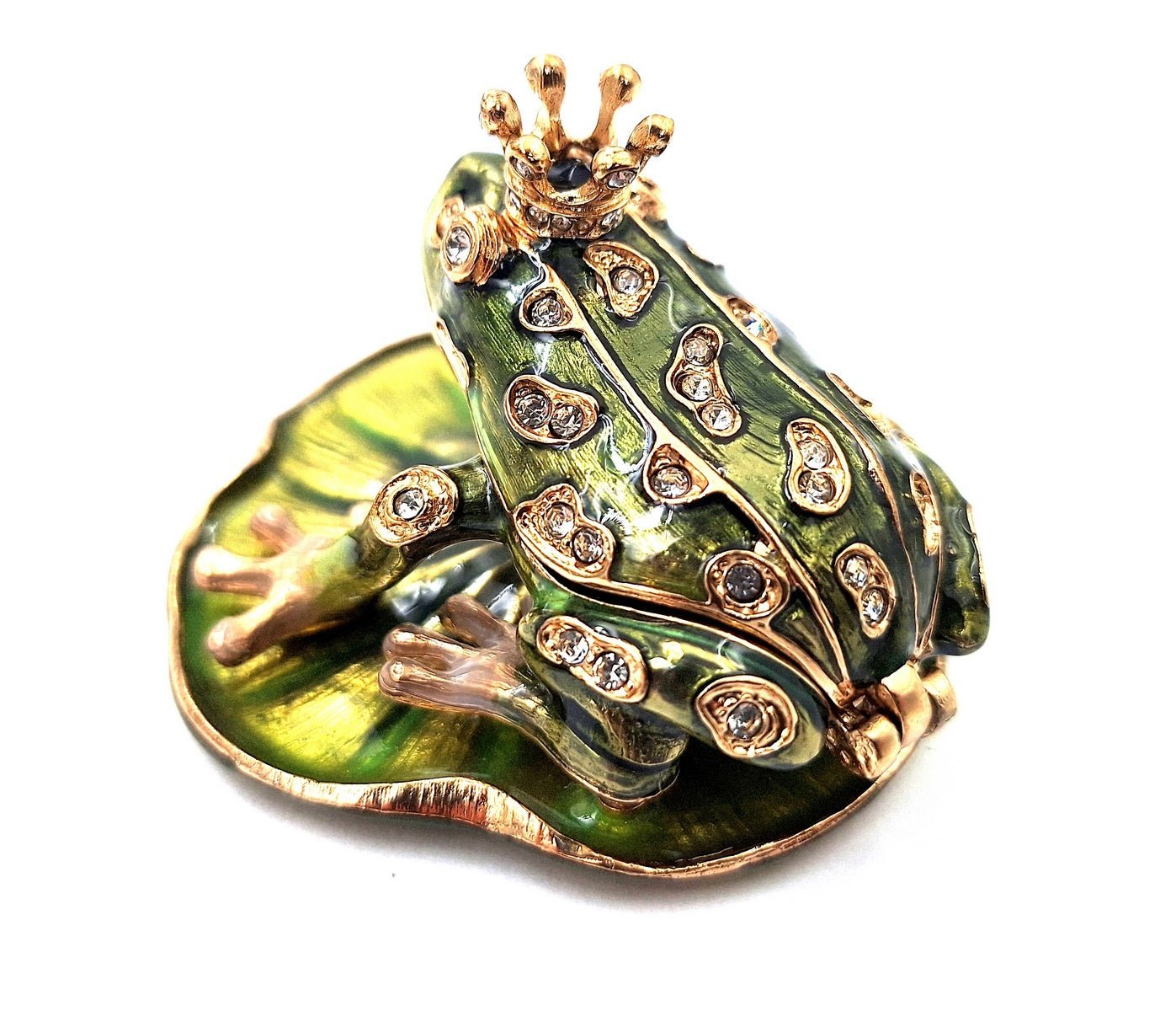 Exclusiva caja metálica en forma de rana con cristales, verde oscuro y dorado, posibilidad de personalización con grabado, ideal para regalo, dimensiones 6,5x6,7x4,5 cm