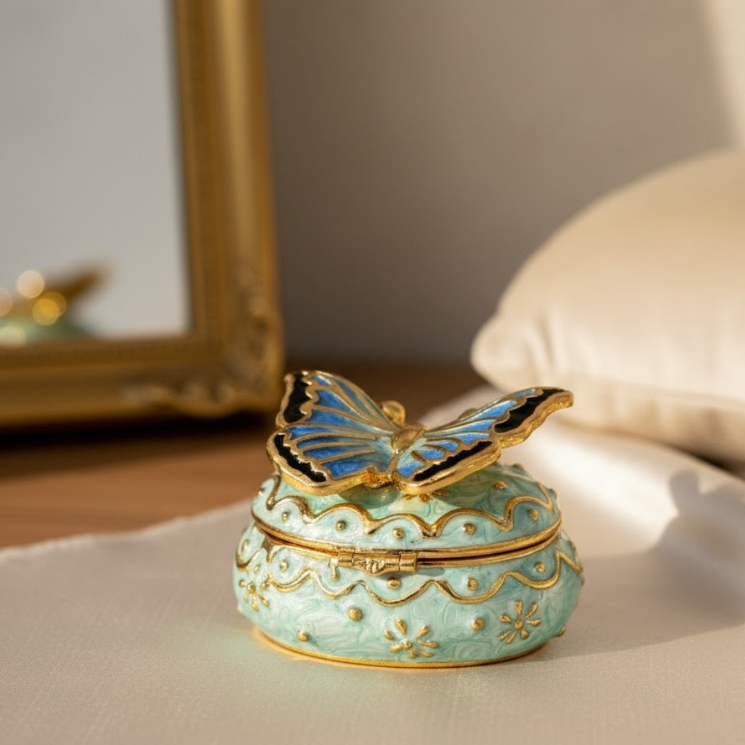 Exclusiva caja joyero mariposa con cristales, personalizada con grabado, blanco y dorado, altura 3,5 cm