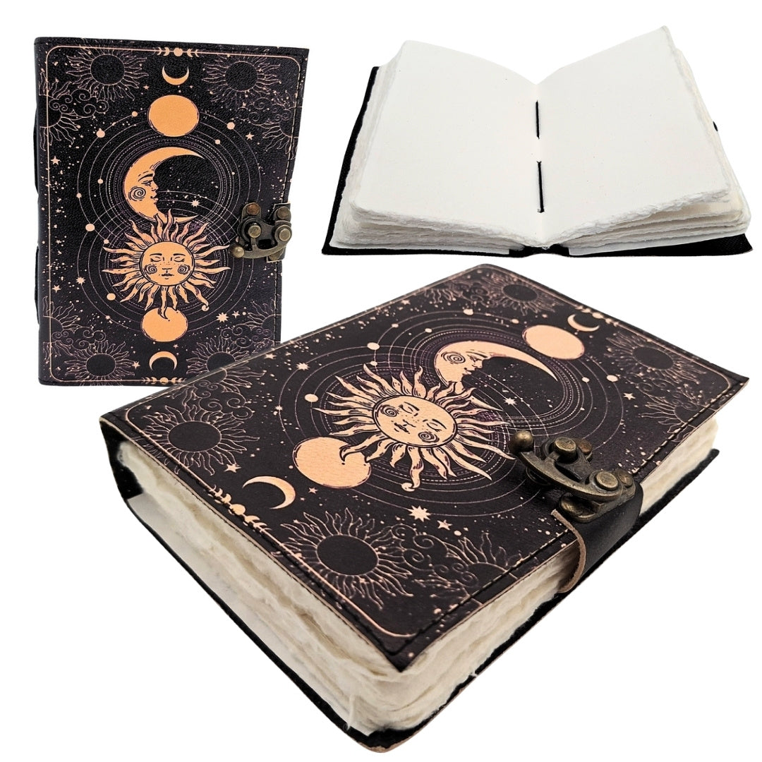 Cuaderno de cuero Sol y Luna decorativo de 200 páginas con posibilidad de personalización con grabado, azul marino, hecho de piel de cabra, ideal para regalo