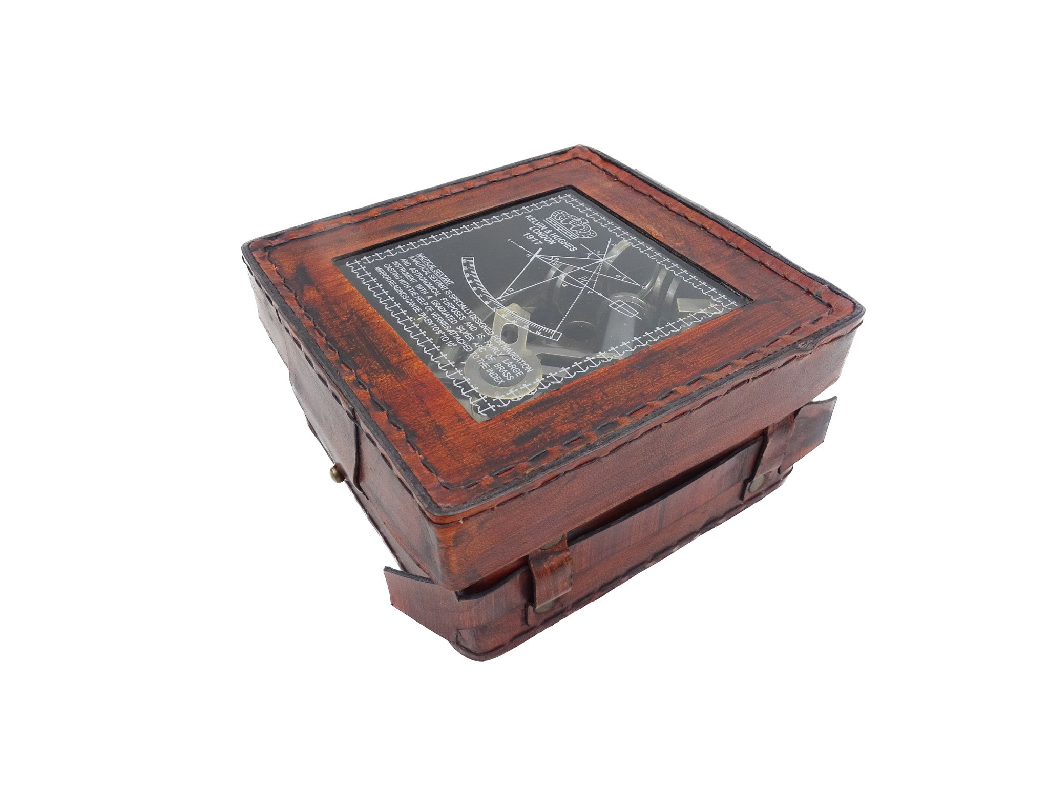 Sextante de latón con grabado en caja de cuero - réplica de 1917, ideal para regalo a navegantes y astrónomos, dimensiones 13x12x6 cm, antigüedad, material: latón y vidrio