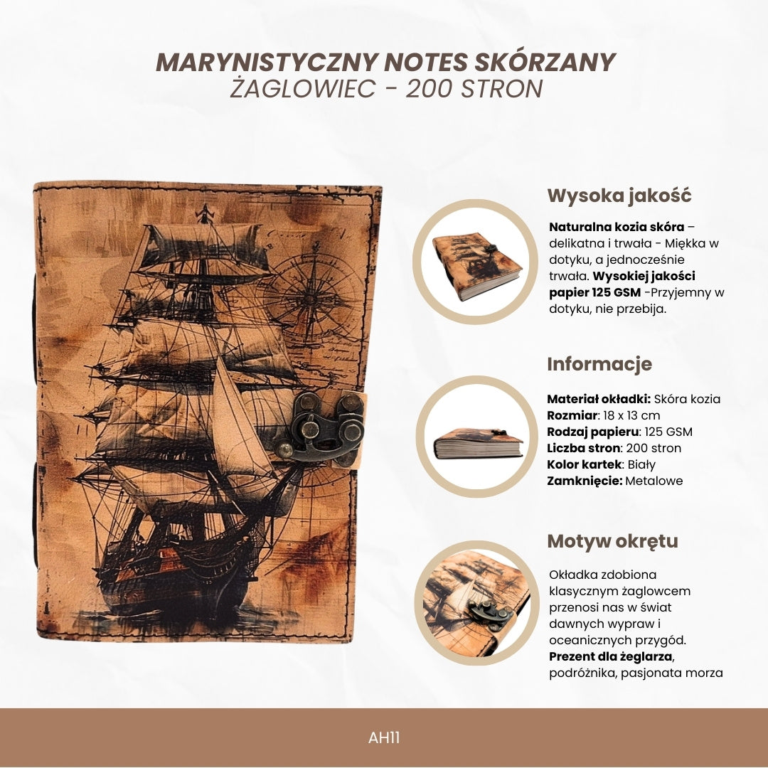 Cuaderno de cuero marinero velero retro con grabado