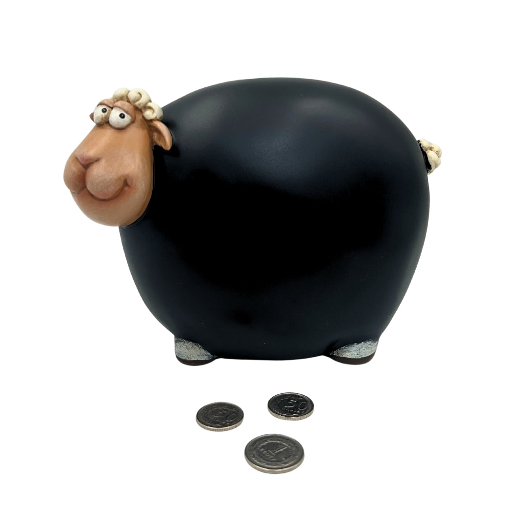Hucha Ovejita con Pintura de Pizarra con posibilidad de personalización - Negra con elementos beige y blanco, altura 19,5 cm