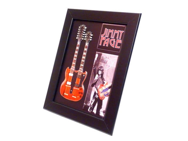 Mini guitarra doble mástil estilo Jimmy Page FMG-011 con posibilidad de personalización con grabado, ideal para regalo - marco de madera 1,3 cm x 16 cm x 21,4 cm, estructura de acero