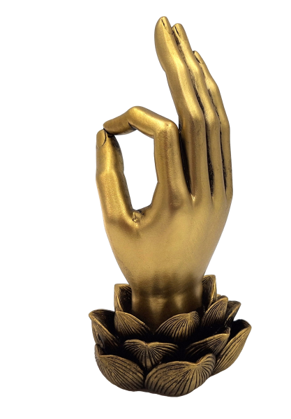 Figura dorada Mano de Buda Mudra OM con grabado - decoración elegante para regalo - flor de loto, 21 cm, polyresina, estilo glamour