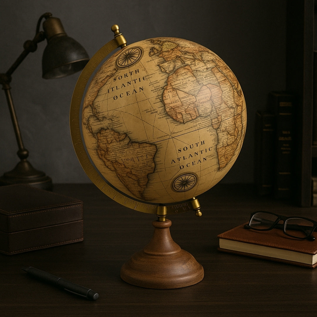 Globo decorativo retro elegante sobre base de madera de 32 cm con opción de personalización con grabado