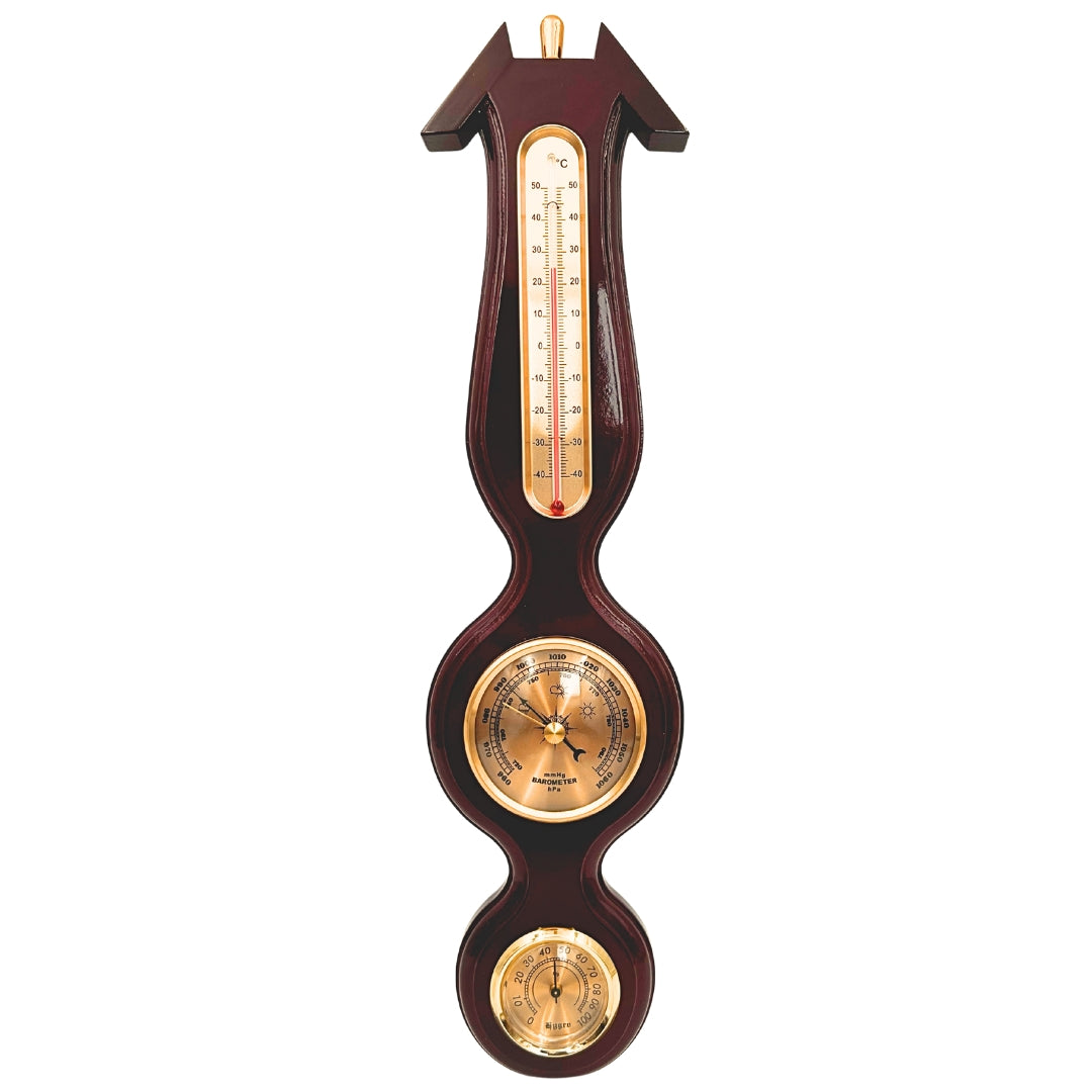 Elegante estación meteorológica 3 en 1 con grabado – termómetro, barómetro, higrómetro en madera oscura, 40 cm