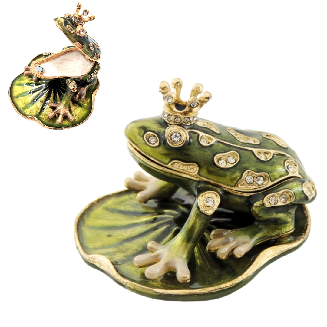 Exclusiva caja metálica en forma de rana con cristales, verde oscuro y dorado, posibilidad de personalización con grabado, ideal para regalo, dimensiones 6,5x6,7x4,5 cm
