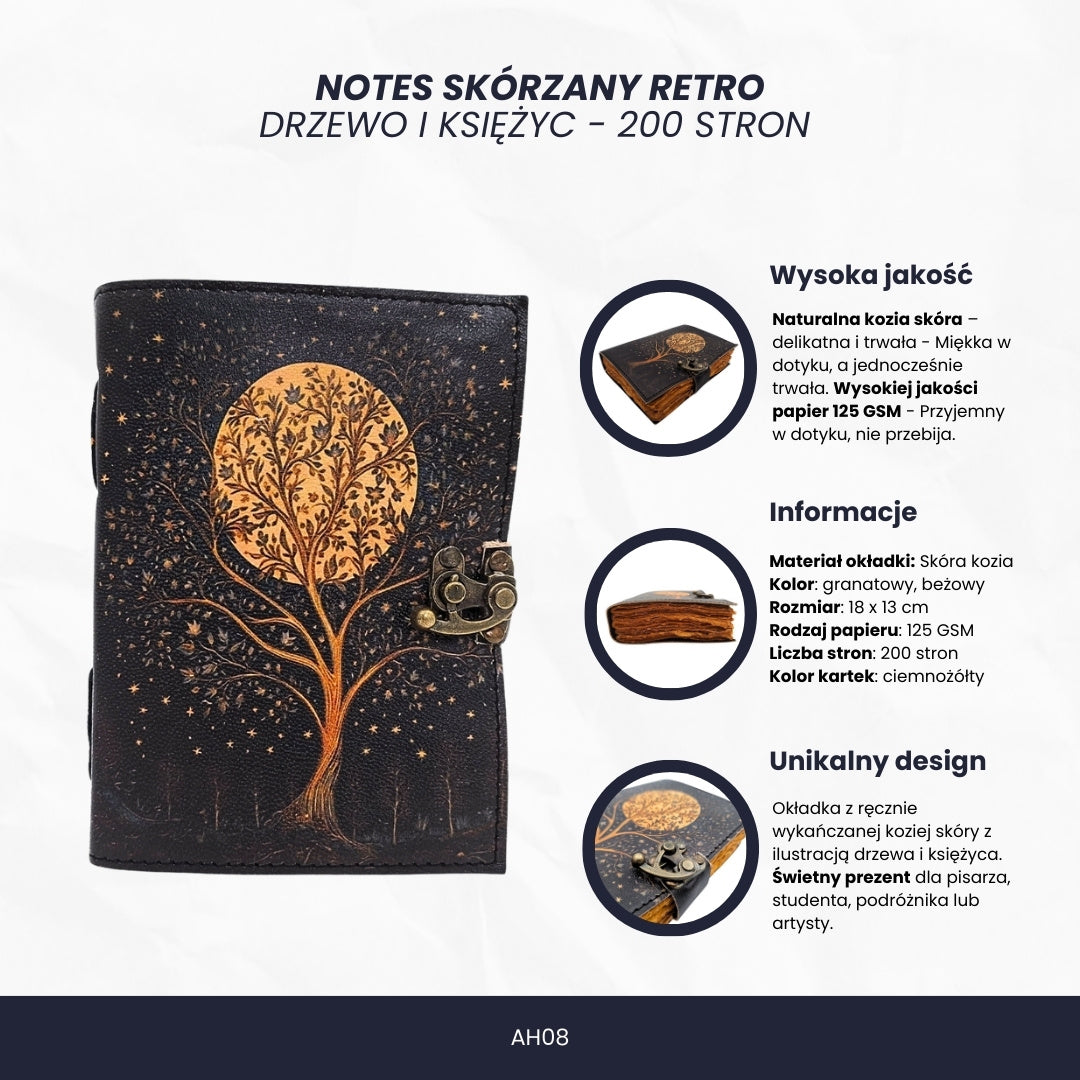 Cuaderno de cuero vintage retro Árbol y Luna de 200 páginas con posibilidad de personalización con grabado
