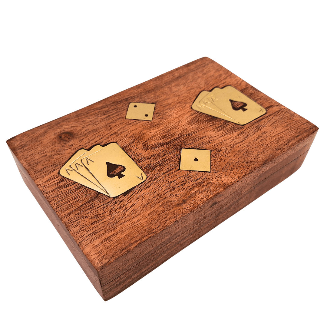 Elegante Set de Juegos de Cartas y Dados en Caja de Madera con Adornos de Latón