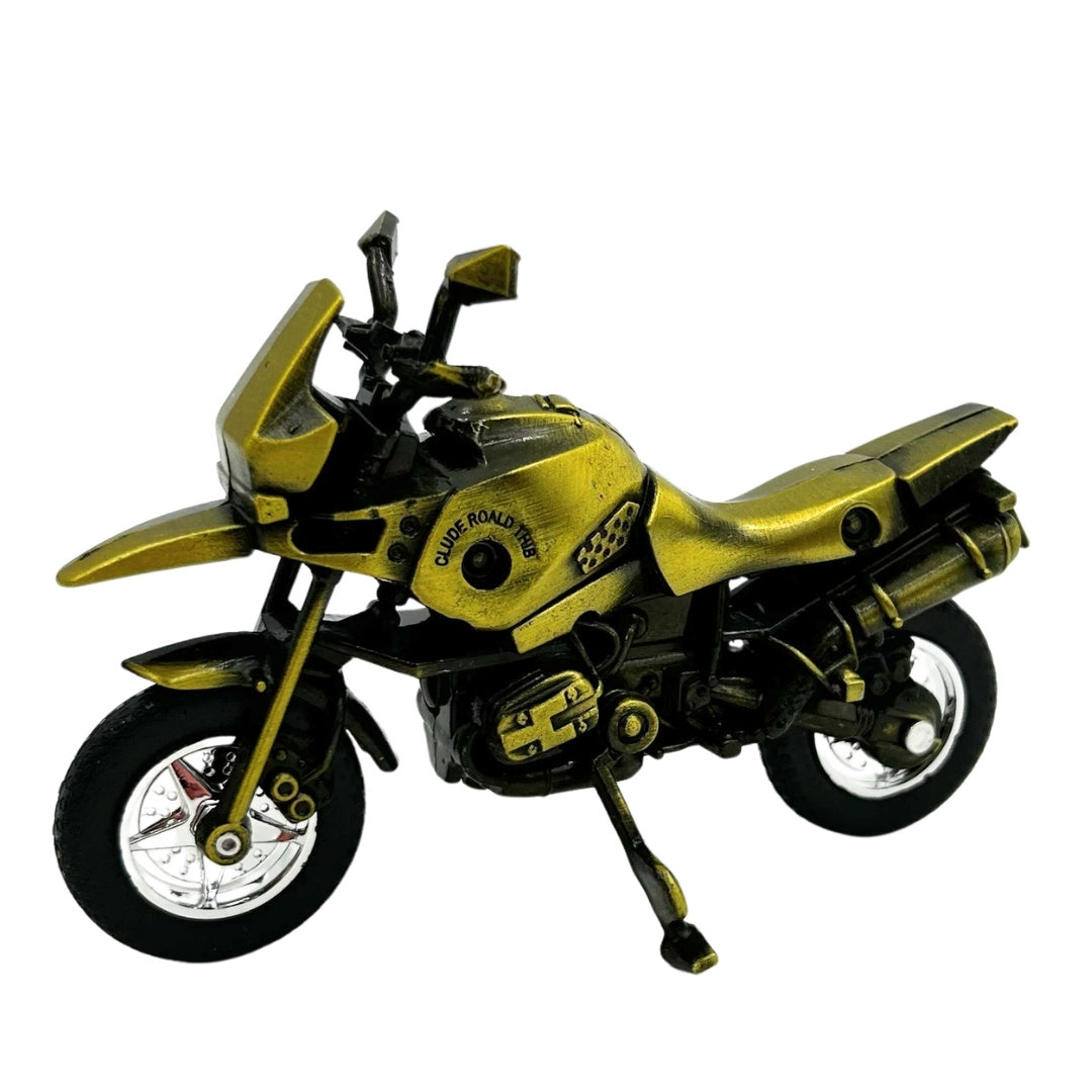Modelo de motocicleta metálica HJ1 en color verde oscuro con posibilidad de personalización mediante grabado