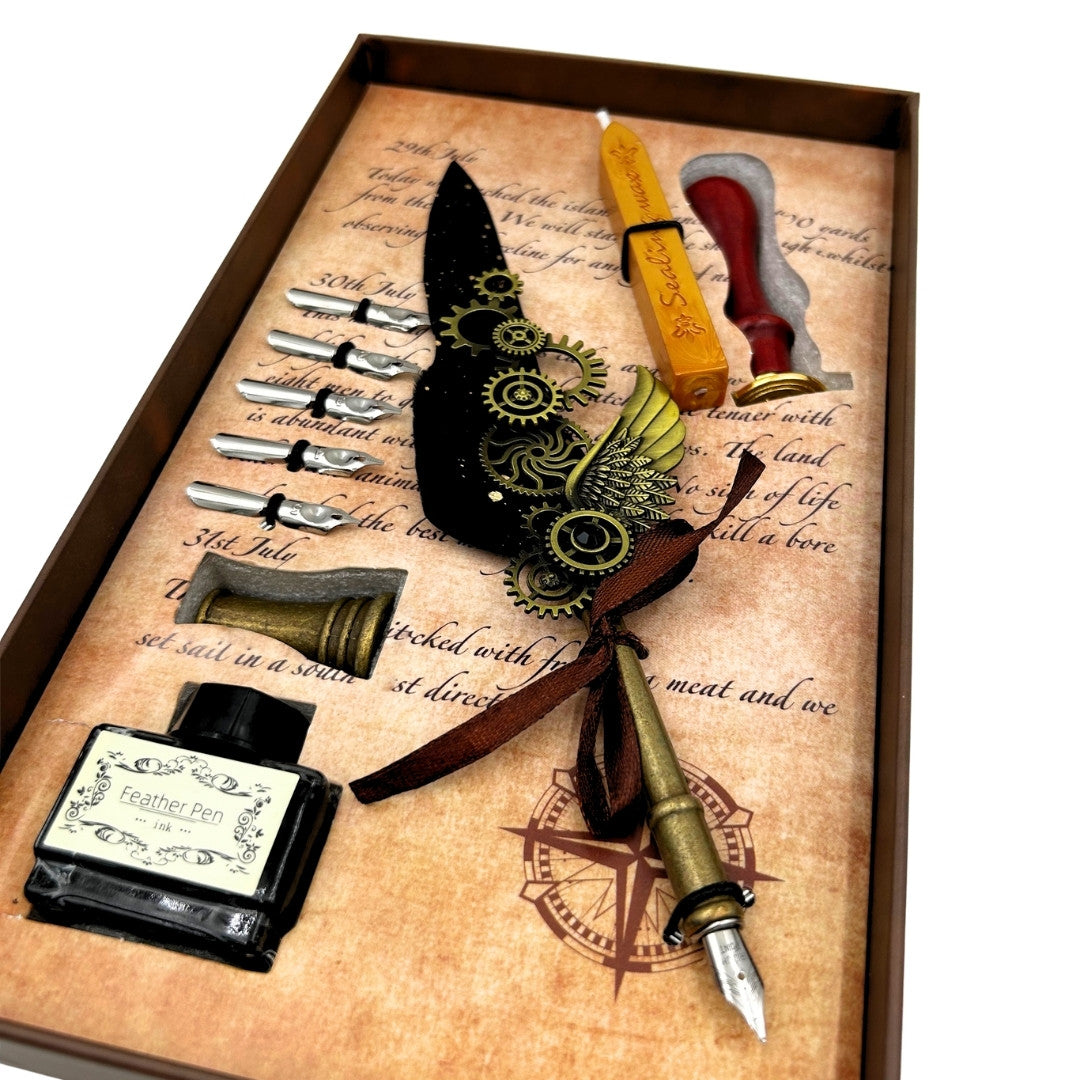 Set de Caligrafía Premium con Pluma de Ganso, 6 Plumillas Intercambiables, Sello y Soporte