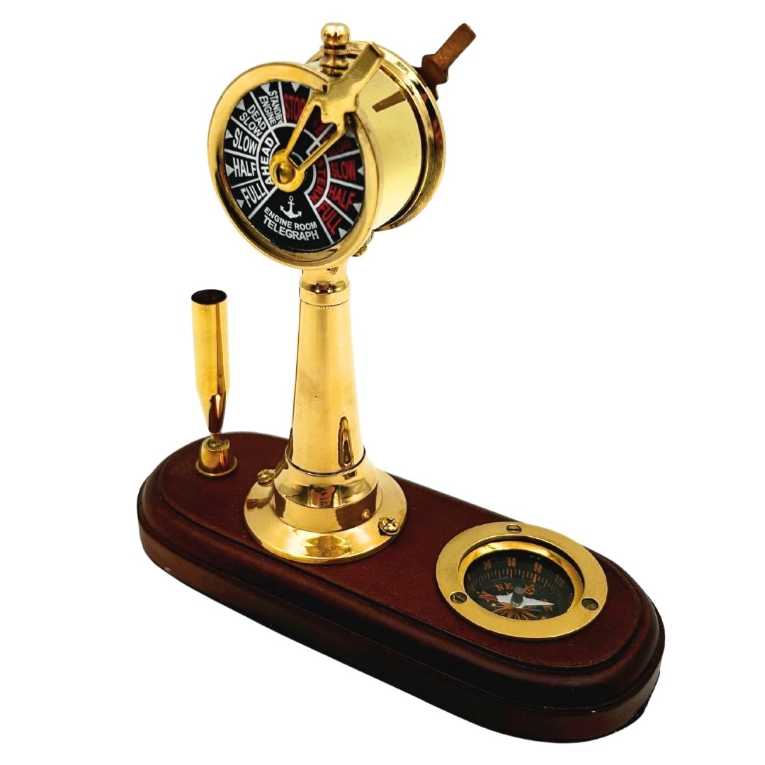 Elegante conjunto de escritorio con grabado – Telégrafo de máquina, brújula y soporte para bolígrafo con base de madera – Regalo ideal para navegante, gerente o amante del estilo retro – Latón y madera de alta calidad, dimensiones 16,5 x 6 x 16,8 cm