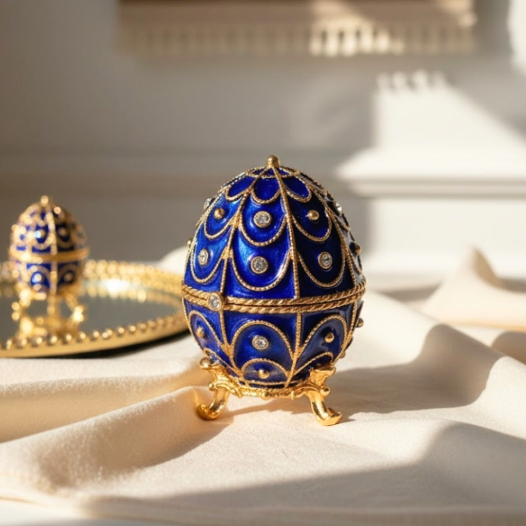 Exclusiva caja metálica con cristales en forma de huevo Fabergé, azul marino y dorado, 5,5x6,5 cm con posibilidad de personalización con grabado