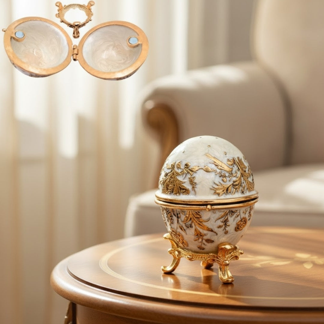 Exclusiva caja joyero huevo Fabergé metálico con cristales en color blanco y dorado con posibilidad de personalización con grabado