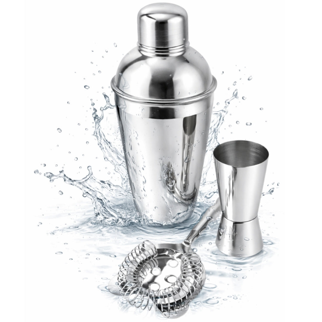 Set de Bar Steel 3 Piezas con Posibilidad de Personalización con Grabado - Coctelera 750 ml, Medidor 15/30 ml, Colador - Regalo Elegante para Amantes de los Cócteles, Acero Inoxidable, Color Plateado