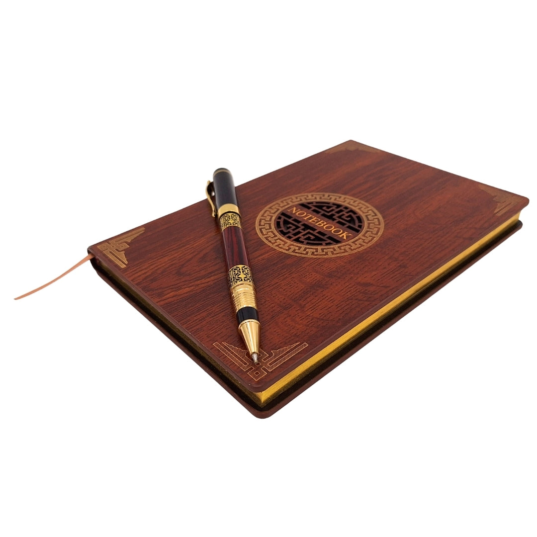 Exclusivo set de regalo premium cuaderno A5 con cubierta de madera y bolígrafo – personalización con grabado, ideal para regalo para jefe, profesor, artista – marrón oscuro con elementos dorados