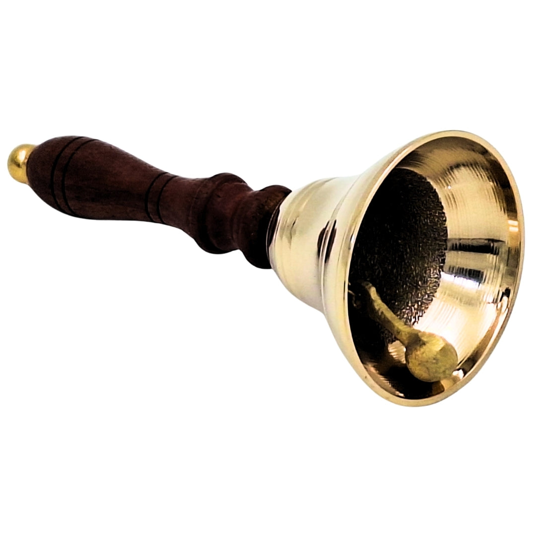 Campana de Mano de Latón con Mango de Madera Estilo Retro – Grabado Personalizado, Ideal para Regalo – Altura 16 cm, Diámetro 7,5 cm, Dorado y Marrón