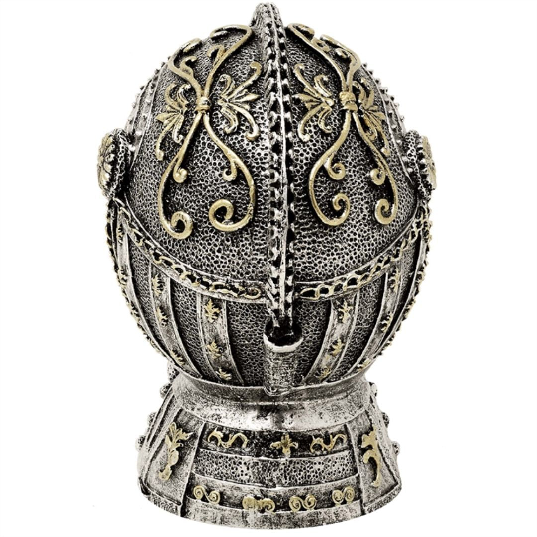 Hucha decorativa con forma de casco de caballero y grabado: plata envejecida, 13 cm