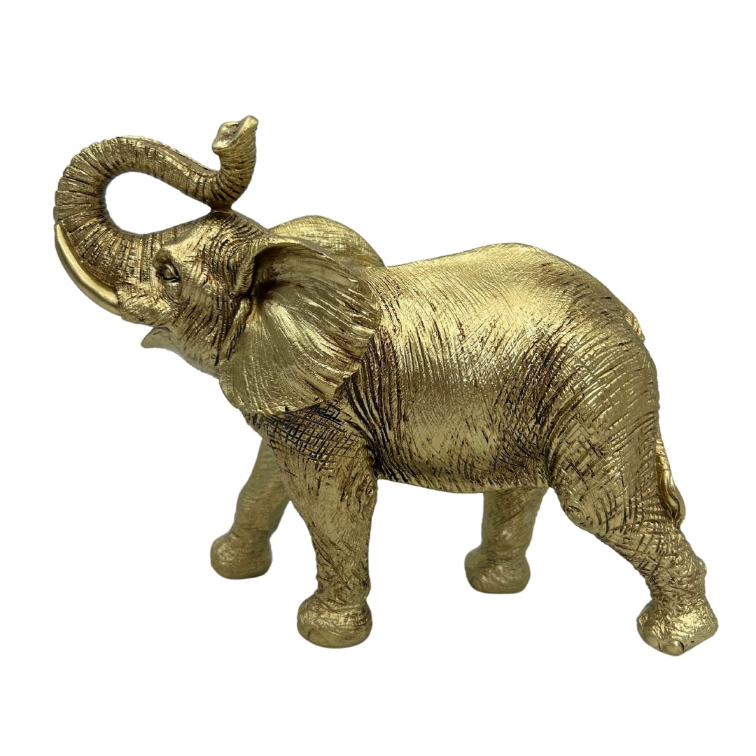 Elefante dorado con trompa levantada - elegante figura decorativa con opción de grabado personalizado, ideal para regalo - altura 20,5 cm, material polyresina