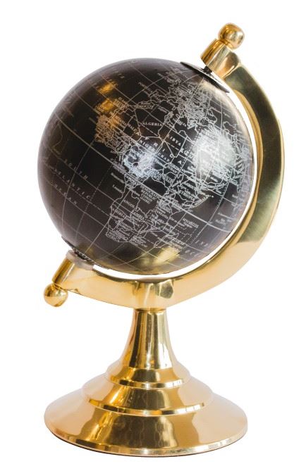 Globo decorativo Black & Gold con posibilidad de grabado personalizado – accesorio elegante para regalo, altura 20 cm, base de latón, mapa negro con inscripciones plateadas