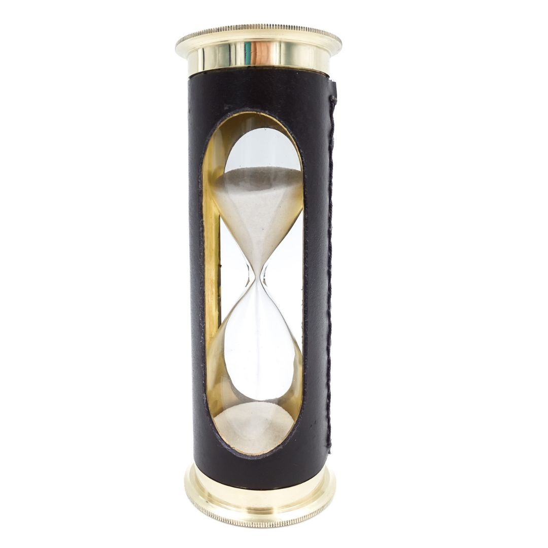 Reloj de arena de 5 minutos con reloj mundial y calendario perpetuo en estuche de cuero