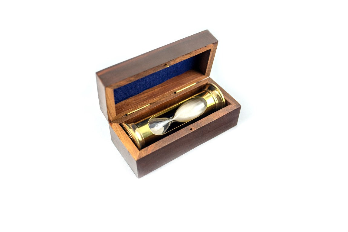 Reloj de arena redondo STP99 en caja de madera con posibilidad de personalización mediante grabado, de latón, dorado, 3 minutos, regalo ideal para amantes de los RPG y récords Guinness
