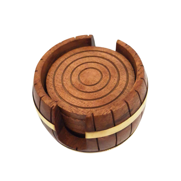 Posavasos de madera con grabado - Juego Barril con 6 posavasos y recipiente con adornos de latón