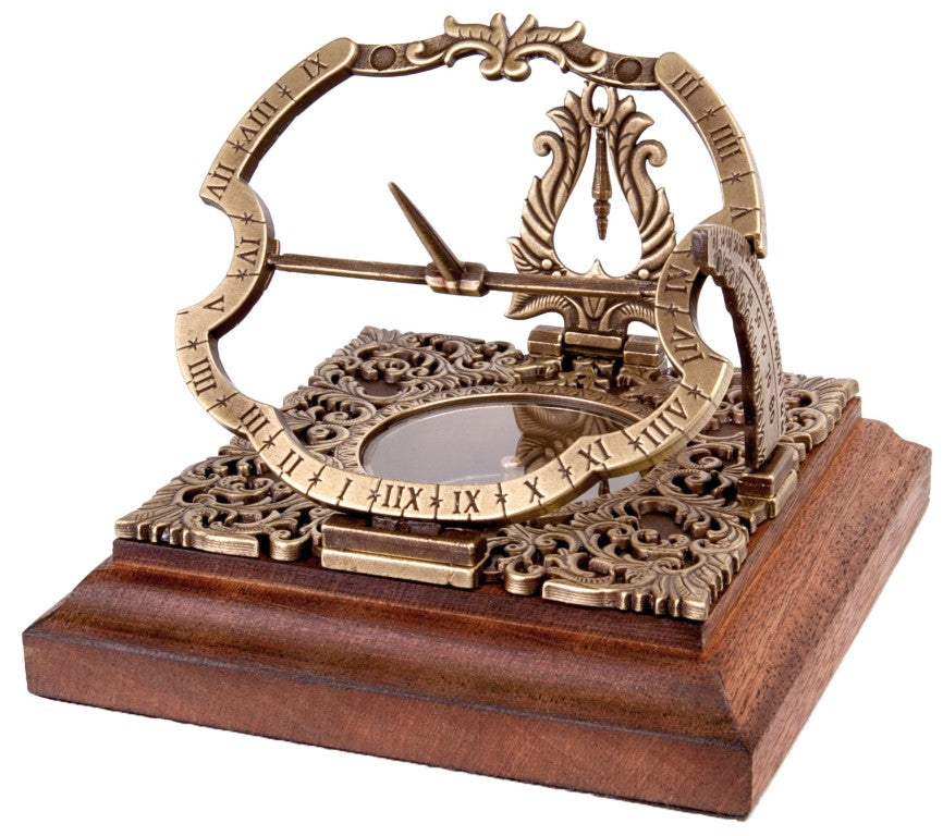 Reloj solar de latón Habsburgo H30 con opción de personalización con grabado, ideal para regalo, en elegante estilo augsburgués, altura 10 cm, sobre base de madera