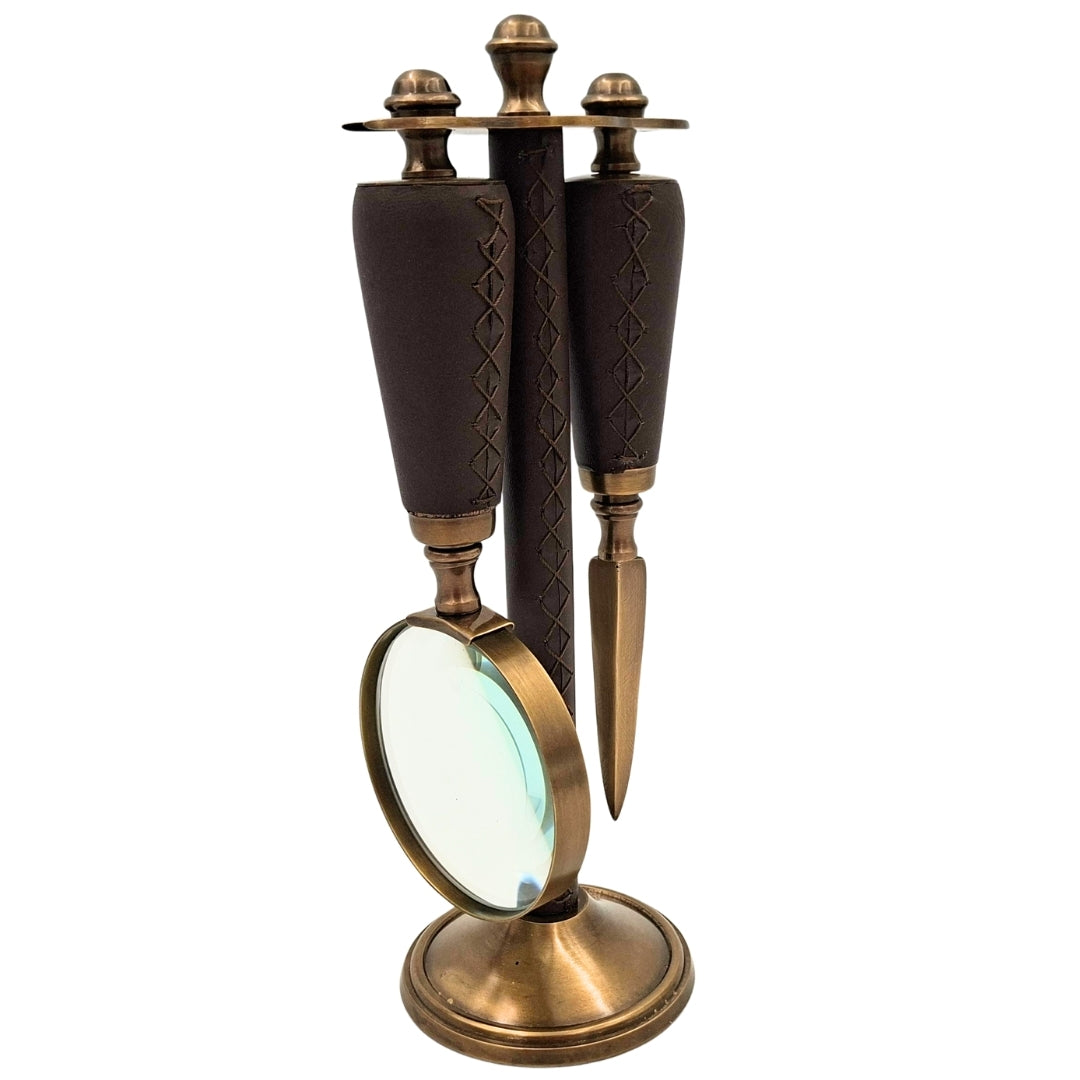 Set de oficina elegante de latón y cuero