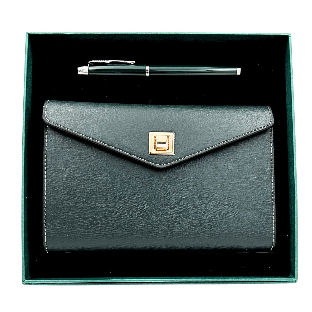 Elegante set de regalo con grabado personalizado - Cuaderno de cuero A6 con bolígrafo de alta calidad en caja de regalo de lujo