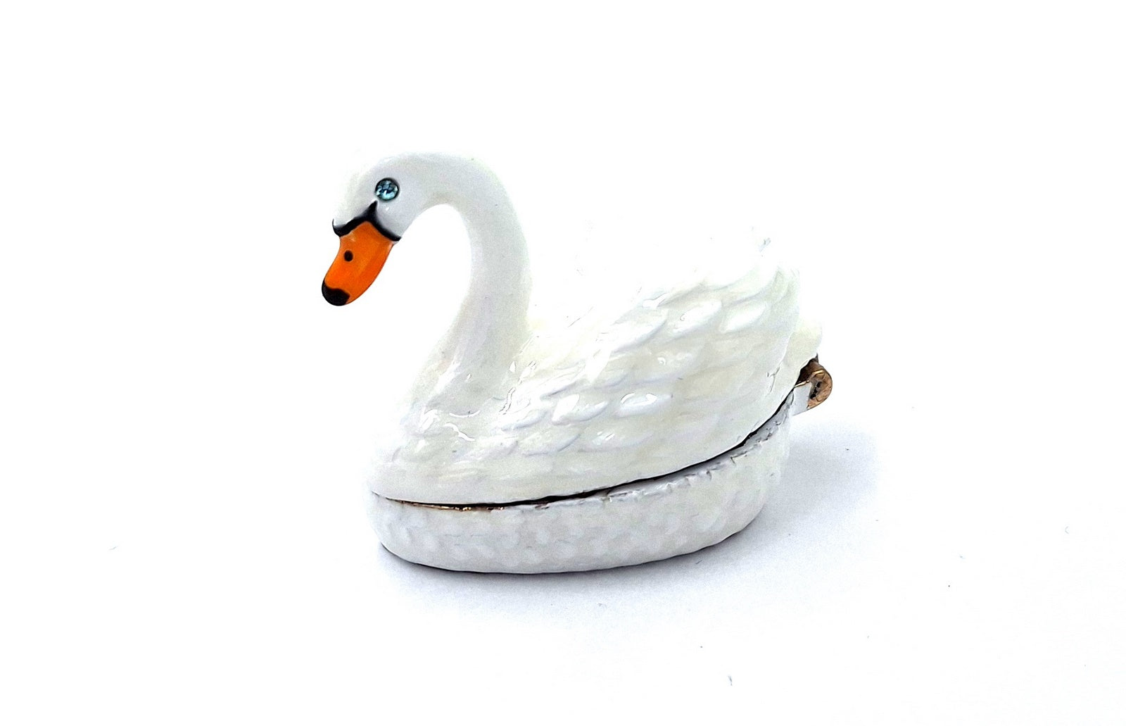 Elegante caja metálica de regalo en forma de cisne con posibilidad de personalización con grabado, blanco y dorado, ideal para guardar joyas - dimensiones 5x3,7x2,7 cm