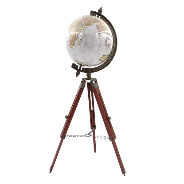 Globo colonial elegante sobre trípode de madera NC2140 con altura regulable hasta 78 cm, mapa laminado en tonos blancos y marrones, ideal para regalo con opción de personalización mediante grabado