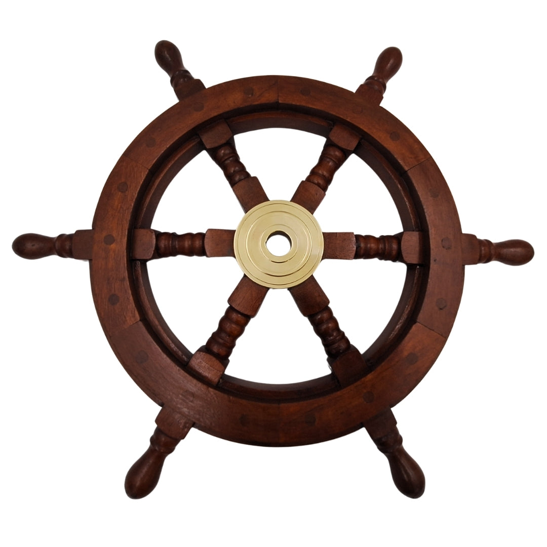 Timón de madera de 45 cm con centro de latón - grabado personalizado - decoración marinera retro para regalo a navegante o amante del mar