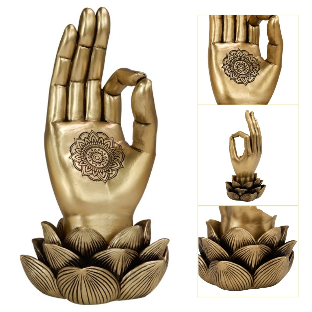 Figura dorada Mano de Buda Mudra OM con grabado - decoración elegante para regalo - flor de loto, 21 cm, polyresina, estilo glamour