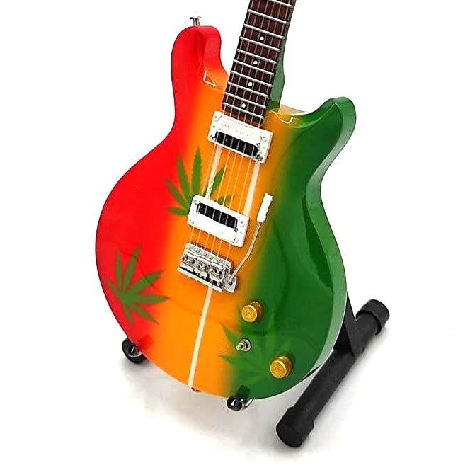 Mini guitarra Bob Marley Tribute Ganja MGT-0468 con posibilidad de grabado personalizado, regalo ideal para fans del reggae, hecha a mano en madera de caoba, altura 27,5 cm, colores amarillo, rojo, verde, blanco