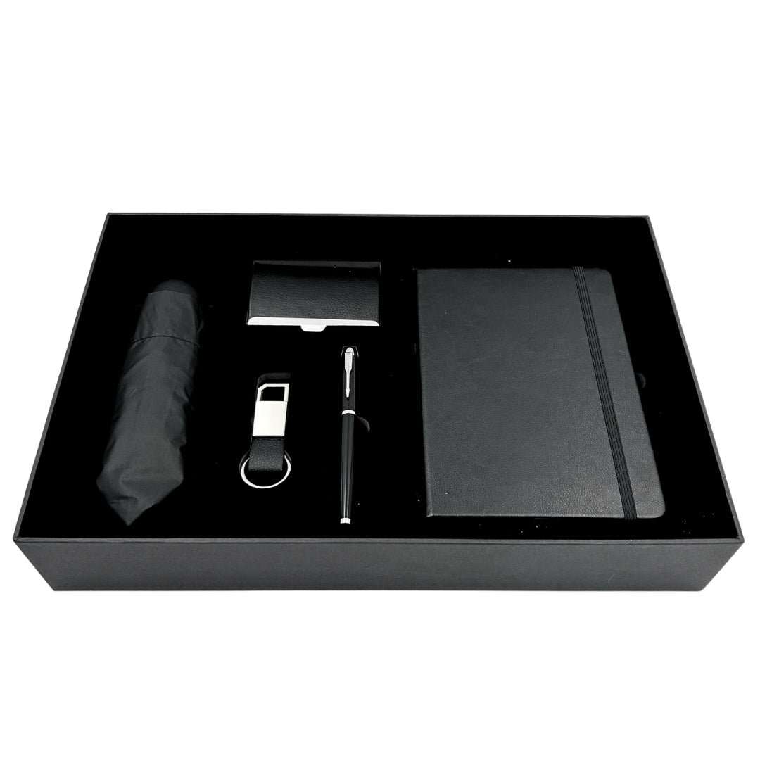 Set de Regalo Elegante Classico con Personalización - Cuaderno de Piel A5, Paraguas, Bolígrafo, Porta Tarjetas y Llavero en Caja Estética de Regalo