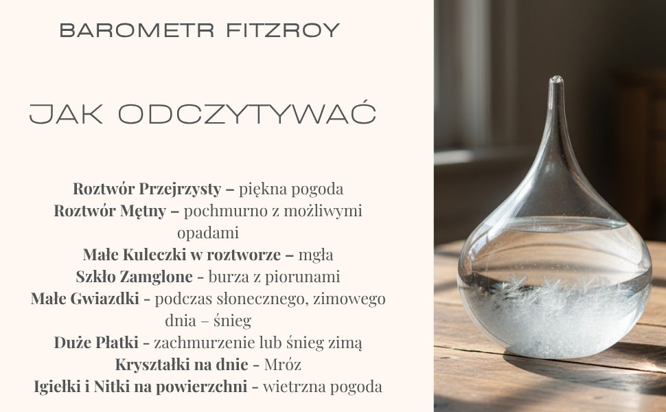 Barómetro de tormenta Fitzroya - Gota Storm Glass con posibilidad de personalización con grabado - regalo elegante en forma de gota, altura 11 cm, recipiente de vidrio con cristales únicos que reaccionan a cambios climáticos