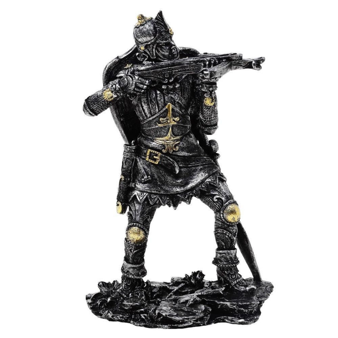 Figura de Caballero Medieval con Ballesta de 20 cm con Posibilidad de Personalización con Grabado - Decoración Plateada y Dorada para Regalo a Amantes de la Historia y Fantasía - Pintada a Mano en Poliresina