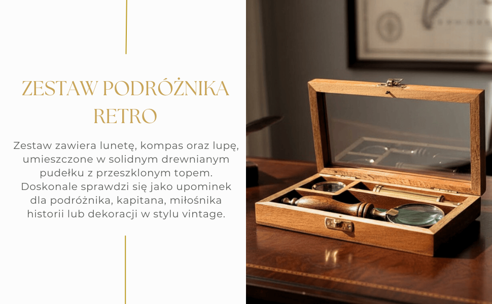 Conjunto de viajero con catalejo, brújula y lupa en caja de madera con opción de grabado personalizado