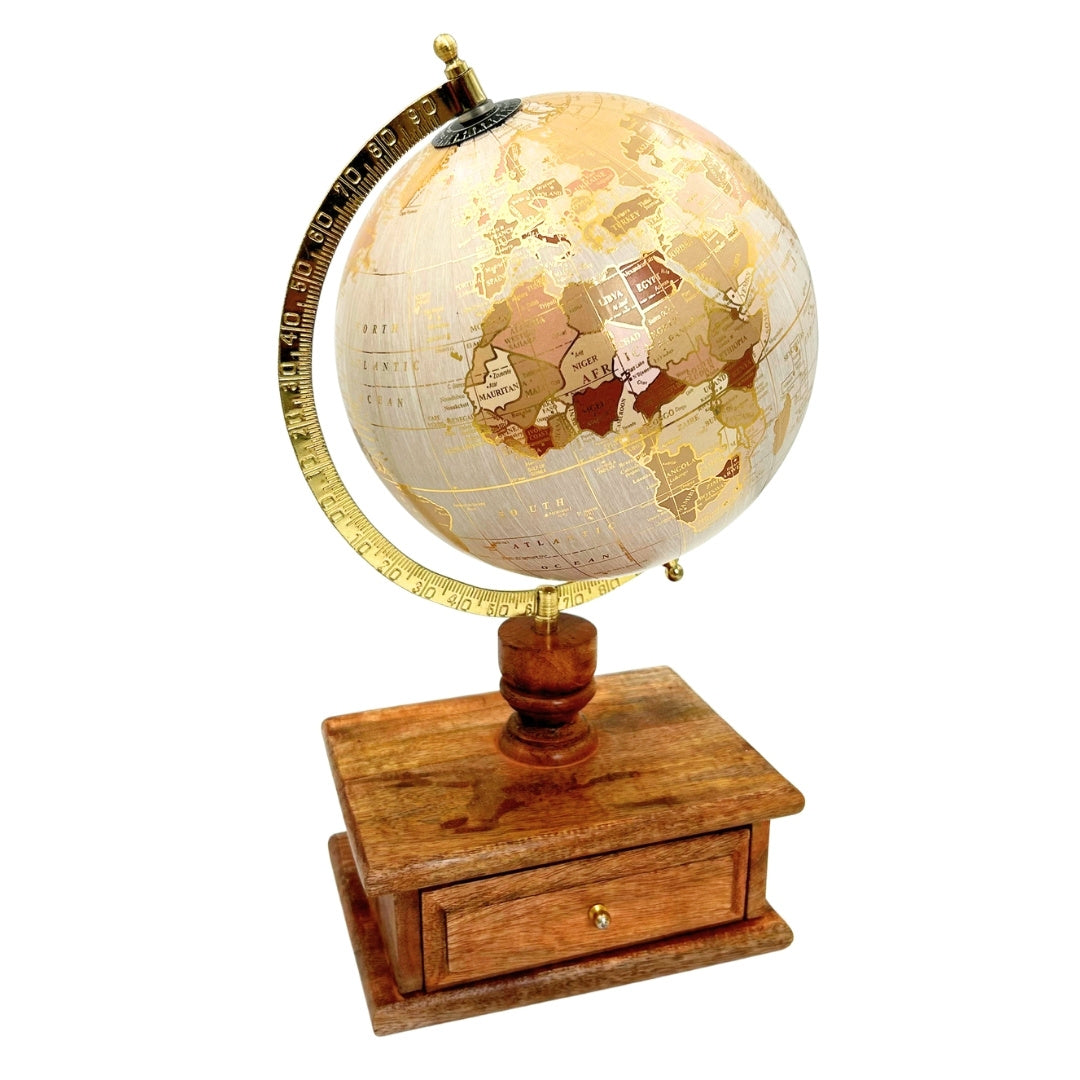 Globo de escritorio vintage elegante con base de madera y cajón