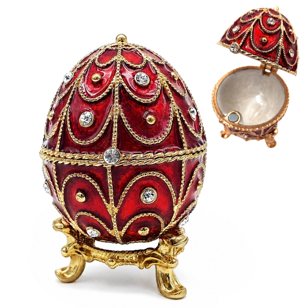 Exclusiva caja metálica Fabergé con cristales en color rojo y dorado, posibilidad de personalización con grabado, ideal para regalo, dimensiones 5,5x6,5 cm