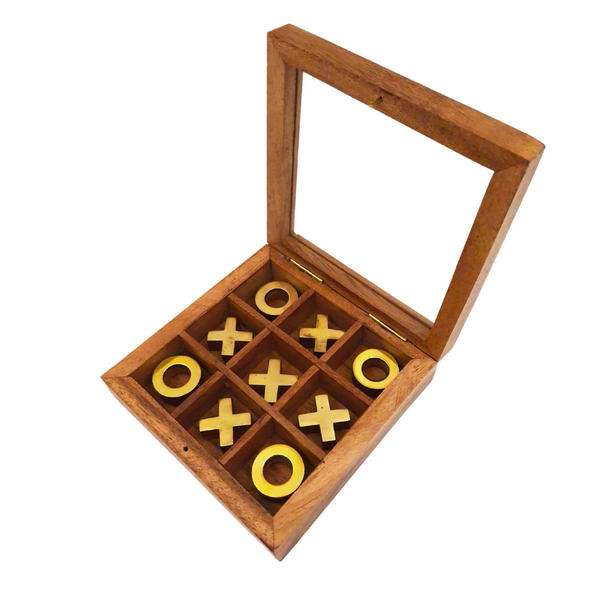 Elegante juego de tres en raya en caja con tapa de cristal con posibilidad de personalización mediante grabado - conjunto de lujo de madera y latón, ideal para regalo a profesores y directores - dimensiones 12,5 x 12,5 x 2,5 cm