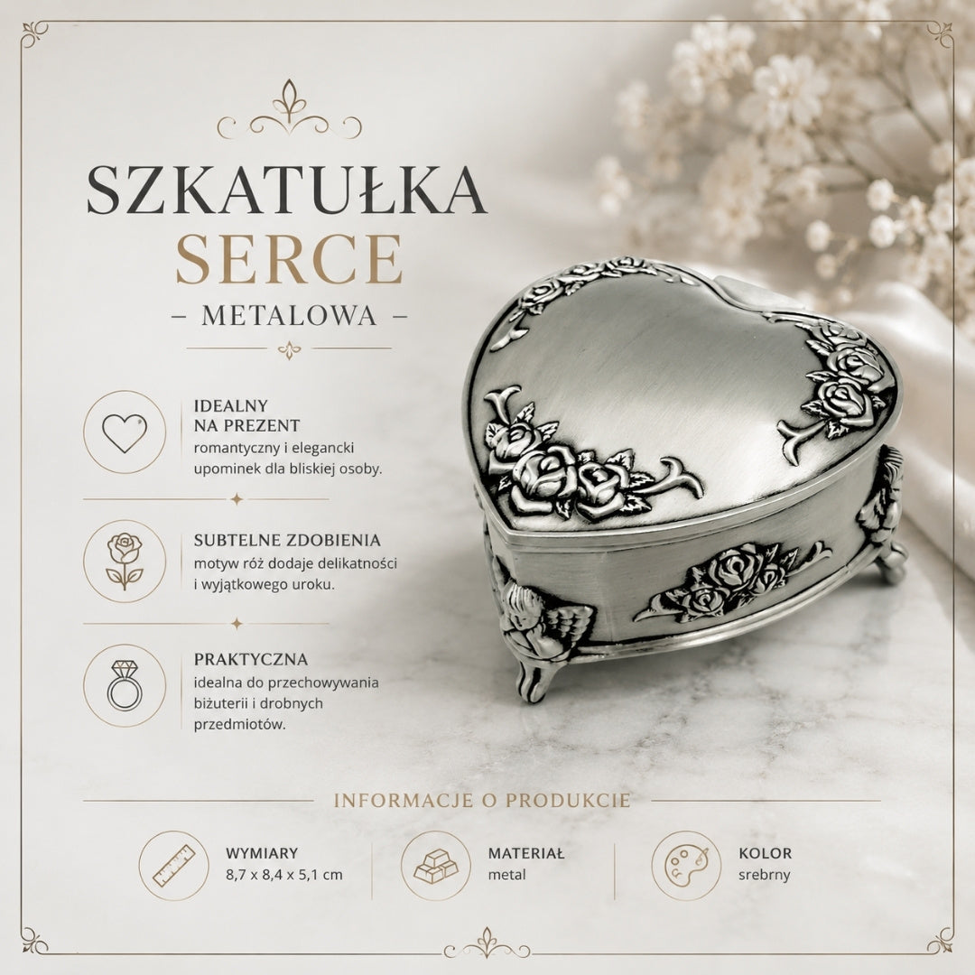 Caja metálica en forma de corazón con posibilidad de personalización mediante grabado – regalo elegante para San Valentín, aniversario o cumpleaños, decorada con motivo de rosa, dimensiones 8,7 x 8,4 x 5,1 cm
